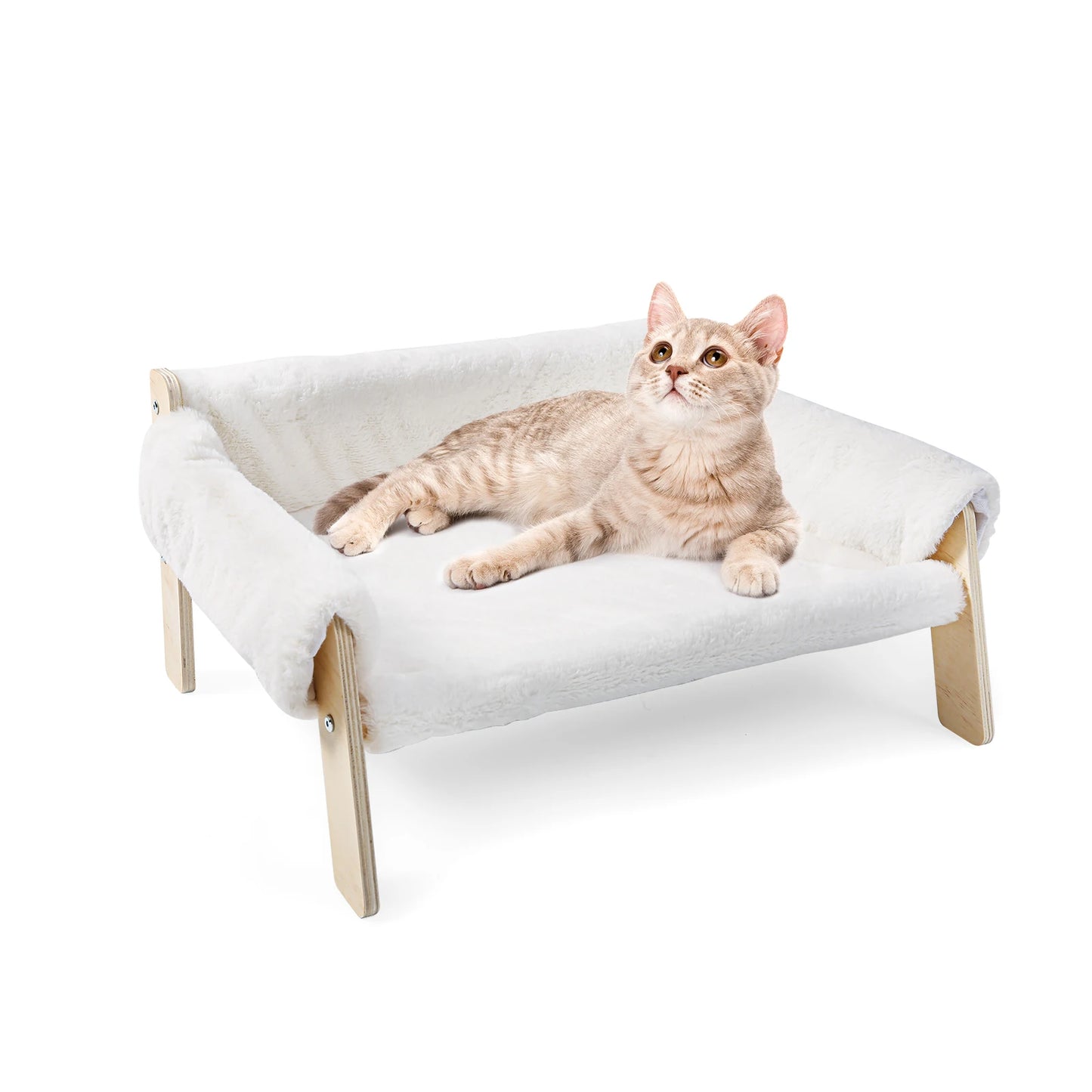 Raised Wooden Leg Cat Bed Plush Sofa For Indoor Cats