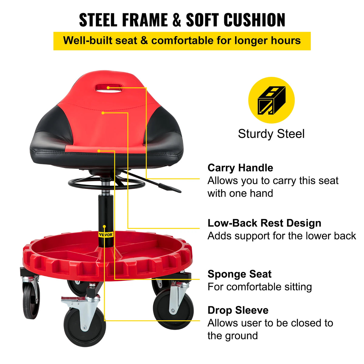 SucceBuy Rolling Garage Stool With Swivel Casters And Tool Tray