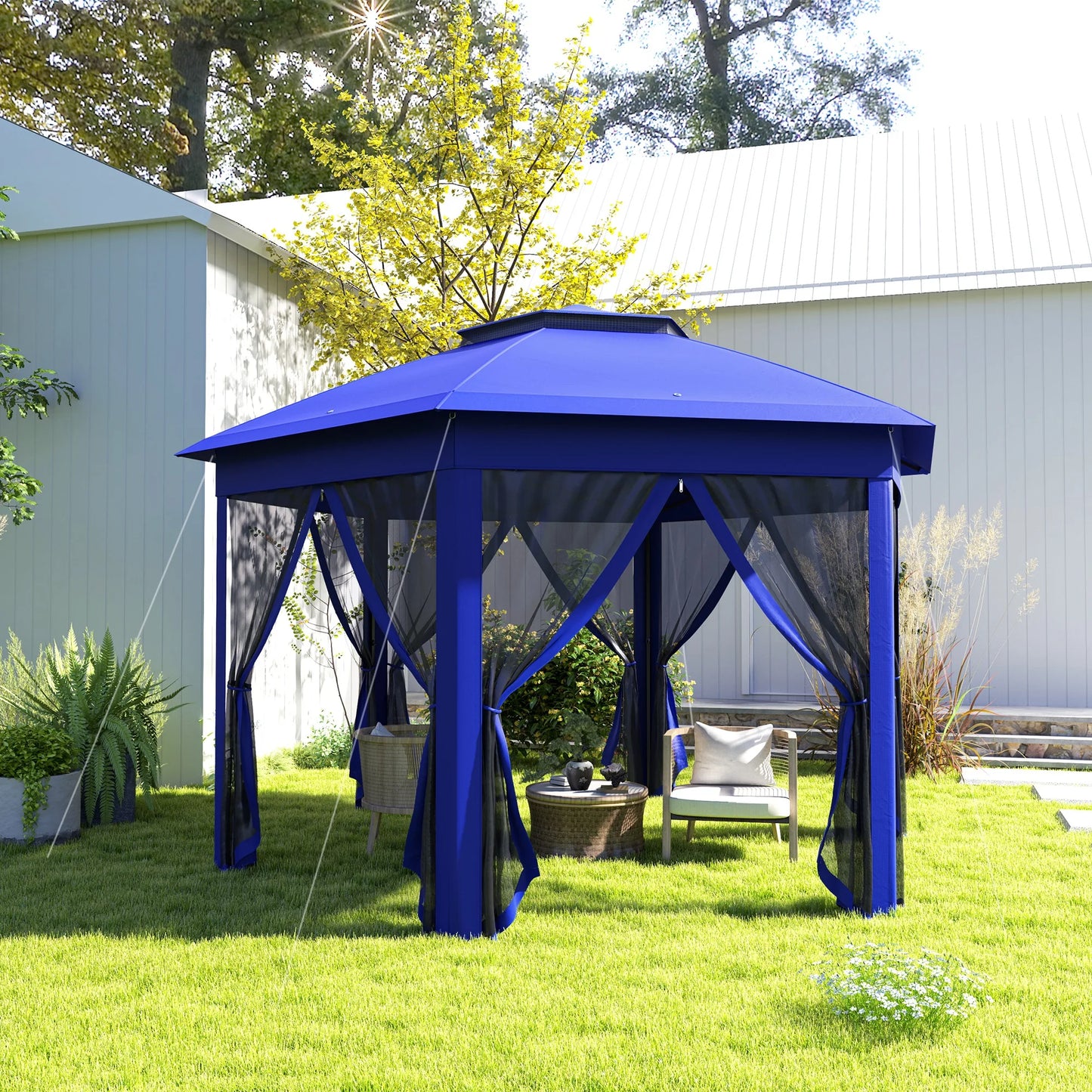 Pop Up Gazebo Hexagonal Canopy Shelter With Zippered Mesh Netting