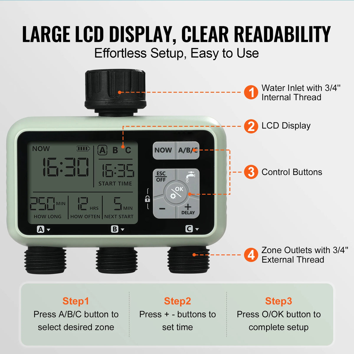 SucceBuy 3 Outlet Water Timer With LCD Display And Rain Delay
