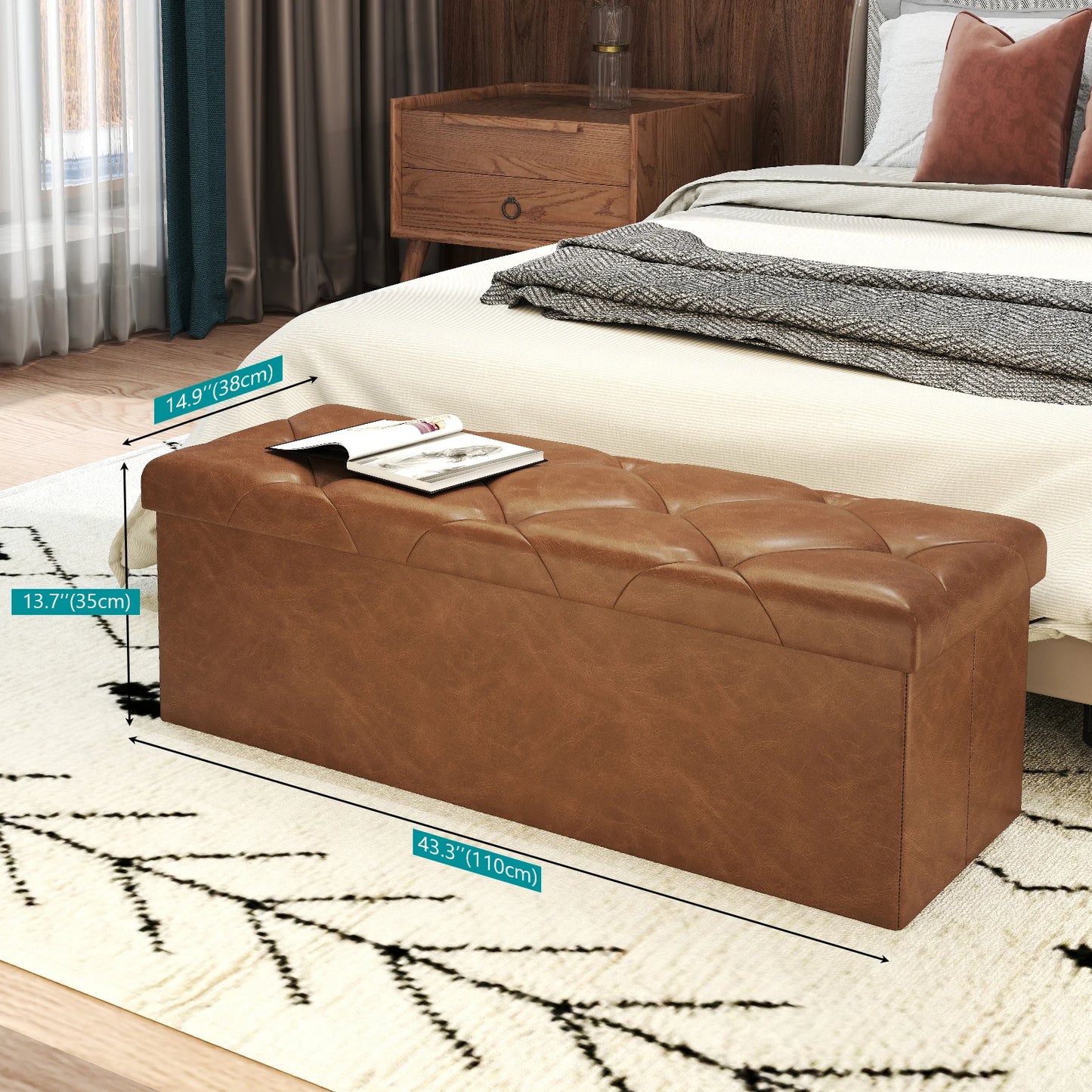 Tufted Faux Leather Storage Bench Ottoman With Folding Footrest