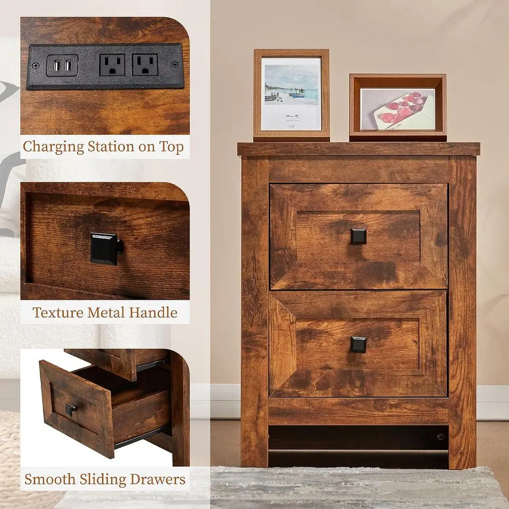 Rustic Wood Nightstands Set of 2 With Charging Station
