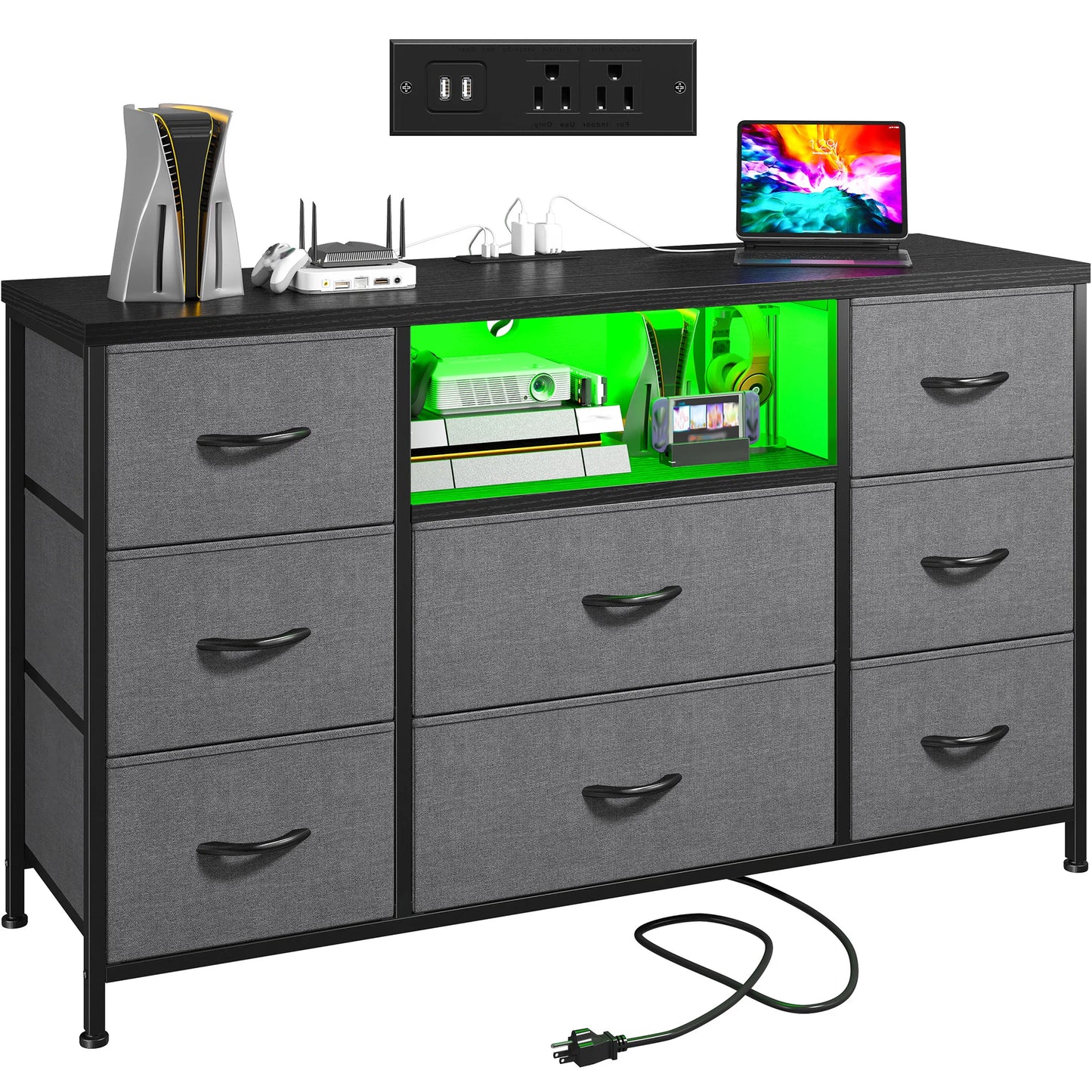 EnHomee 8 Drawer Media Dresser With Led Lighting And Charging