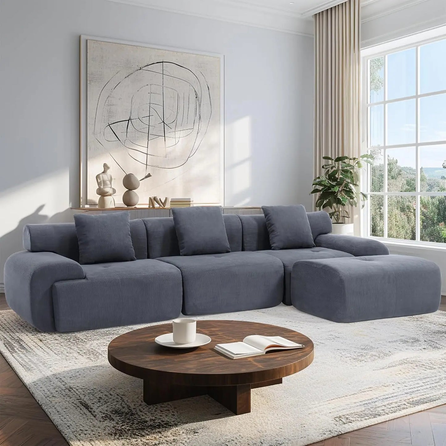 Corduroy Modular Sectional Sofa With Ottoman And High Density Foam