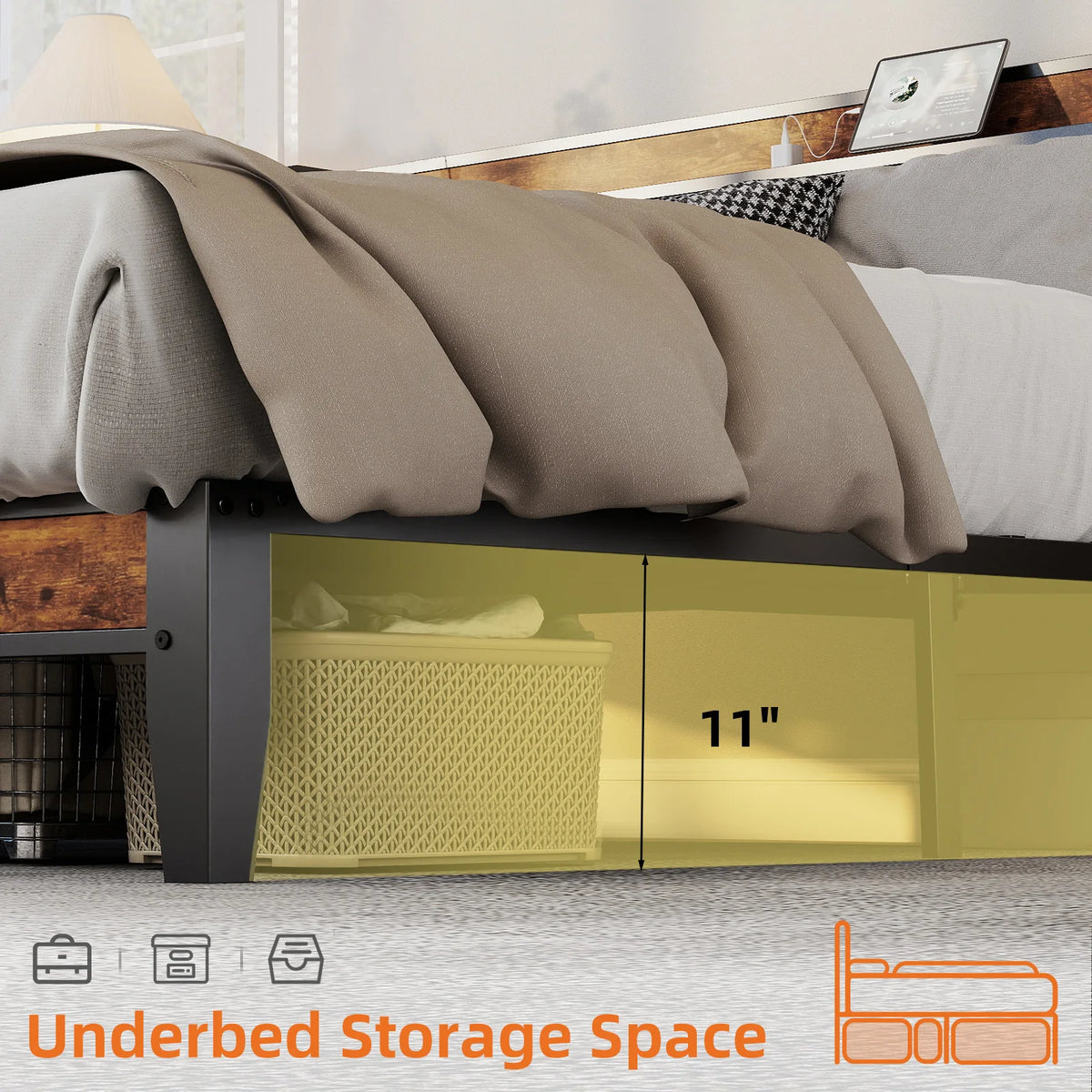 MCQ Metal Bed Frame Featuring Storage Headboard And USB Ports
