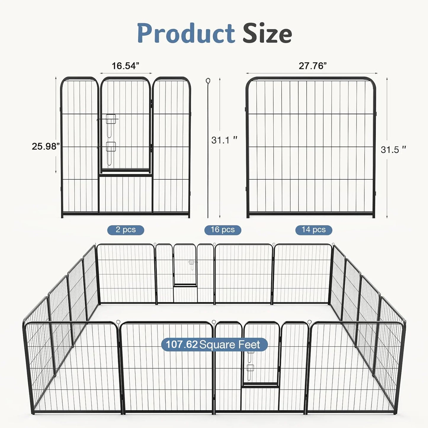 JHK 16 Panels Dog Playpen Metal Fence Foldable Outdoor Yard Gate