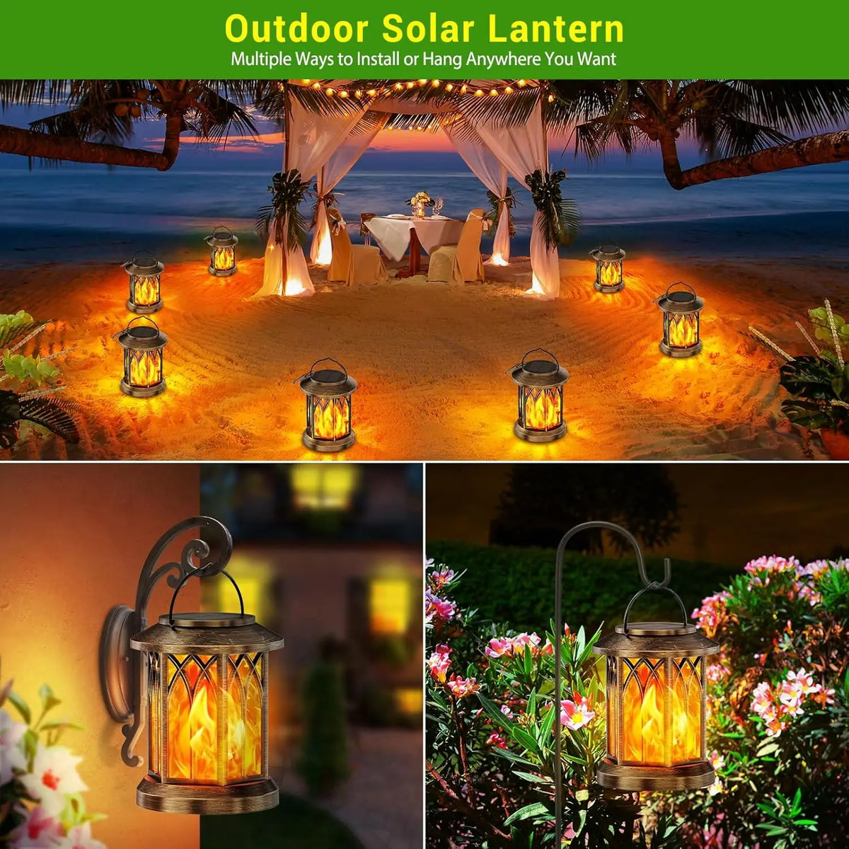 Waterproof Solar Lantern With Flickering Flame For Outdoor Garden Patio