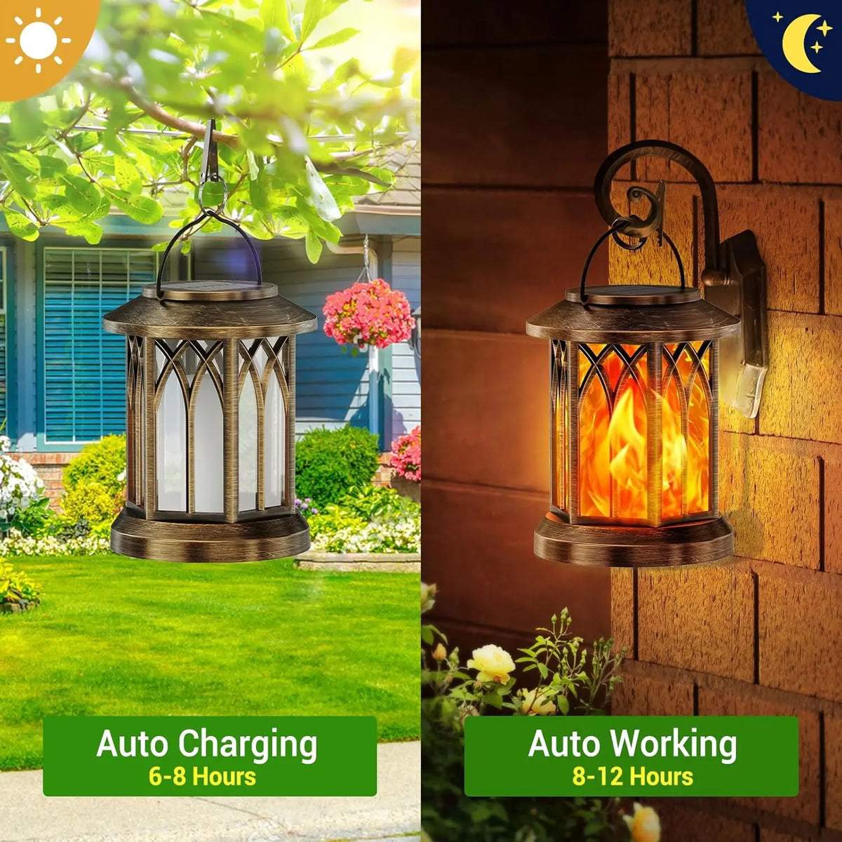 Waterproof Solar Lantern With Flickering Flame For Outdoor Garden Patio