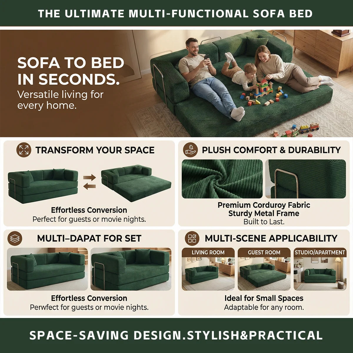 YQzyphyna Futon Sofa Bed Convertible Couch 4 In 1 Comfort