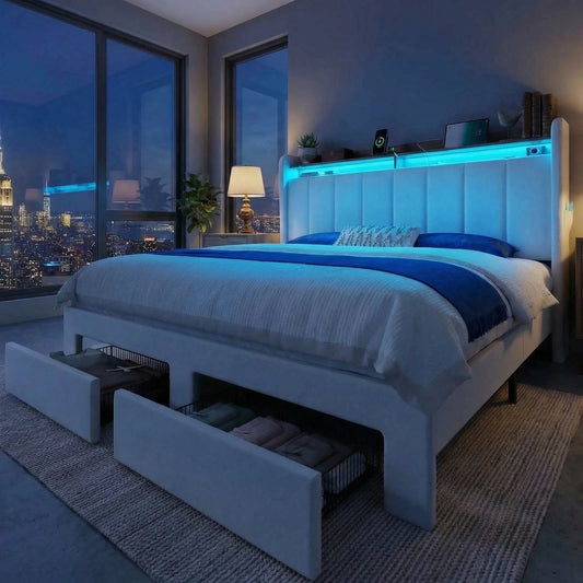 Hoomic Bed Frame With Led Lights Storage Drawers And Charger