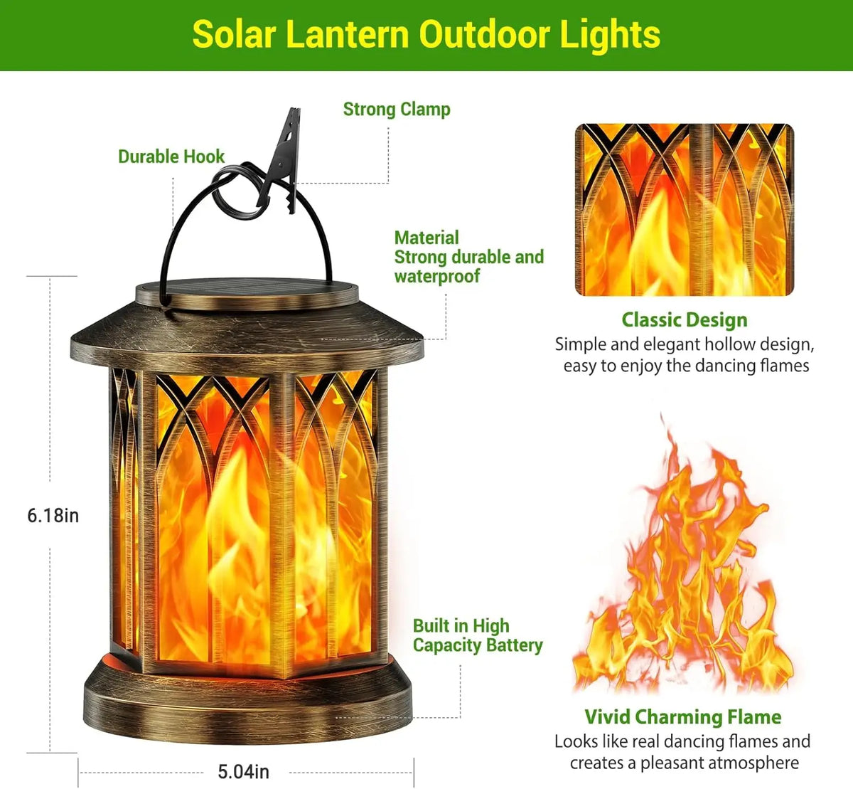 Waterproof Solar Lantern With Flickering Flame For Outdoor Garden Patio