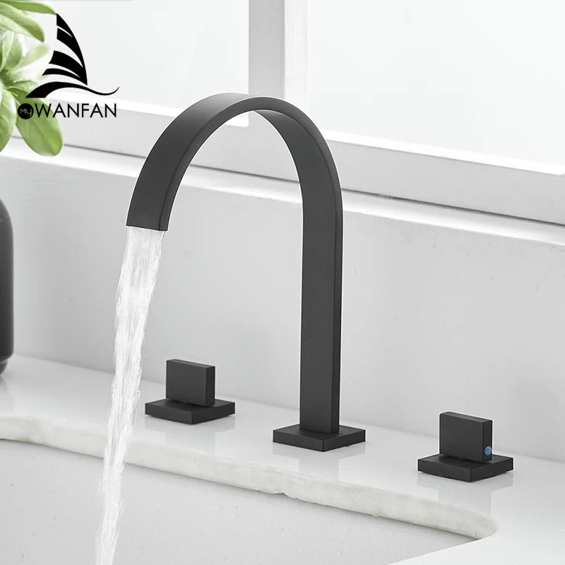 Brass Deck Mounted Square Basin Faucets Three Hole Hot Cold Bathroom