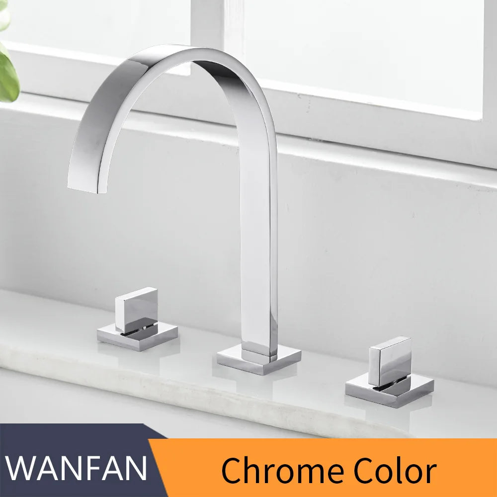 Brass Deck Mounted Square Basin Faucets Three Hole Hot Cold Bathroom