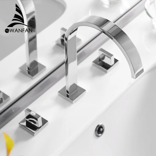Brass Deck Mounted Square Basin Faucets Three Hole Hot Cold Bathroom