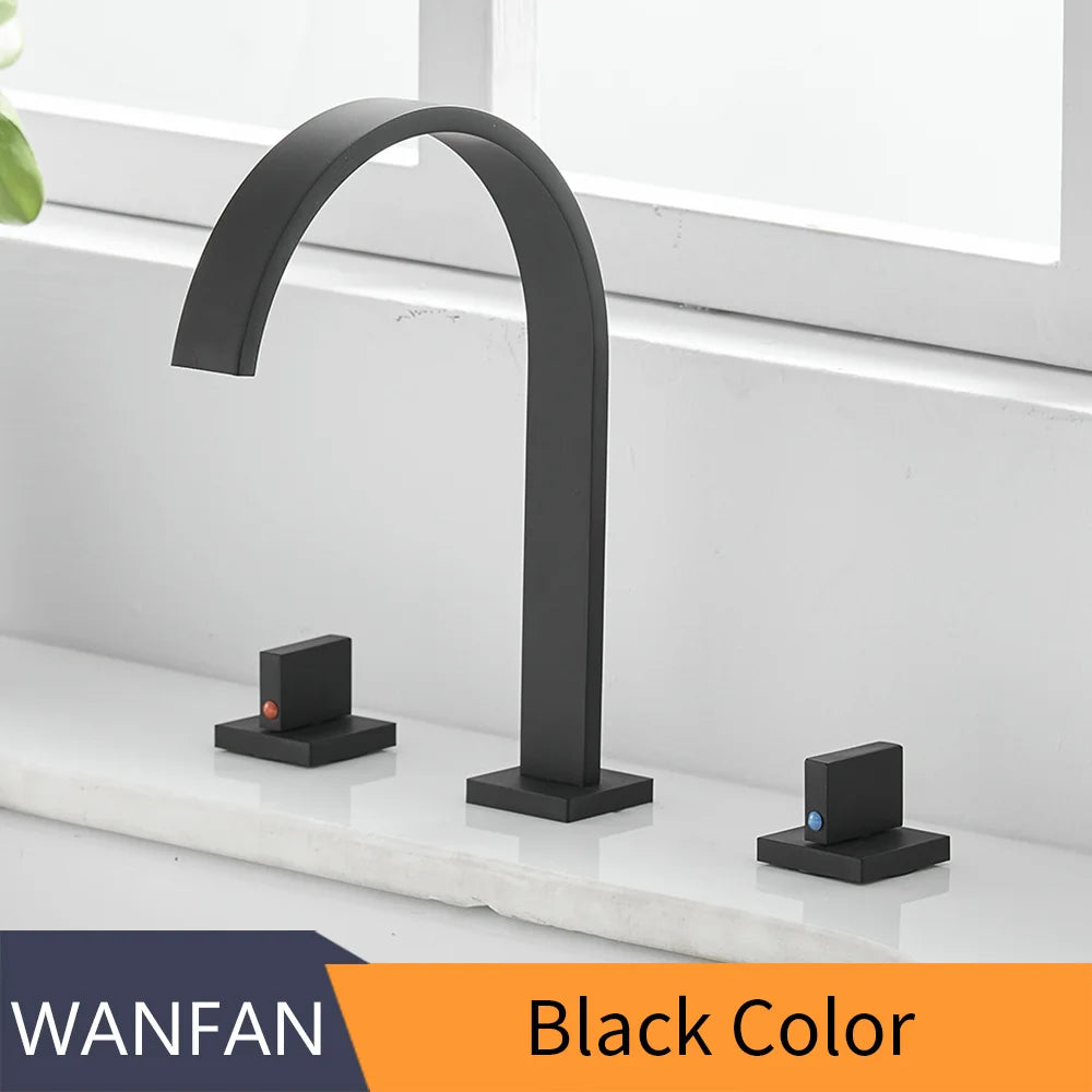 Brass Deck Mounted Square Basin Faucets Three Hole Hot Cold Bathroom