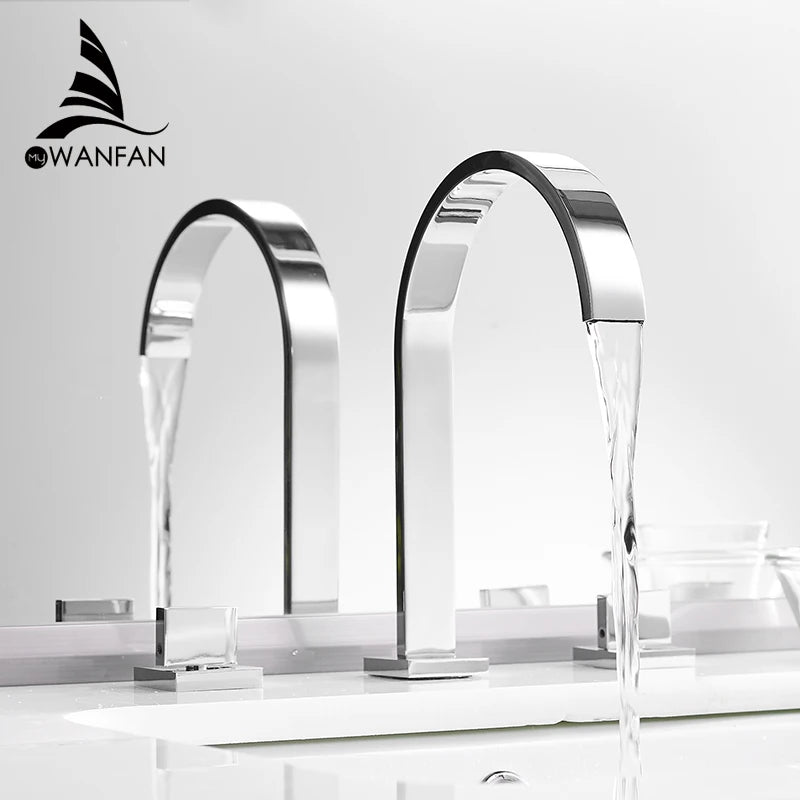 Brass Deck Mounted Square Basin Faucets Three Hole Hot Cold Bathroom
