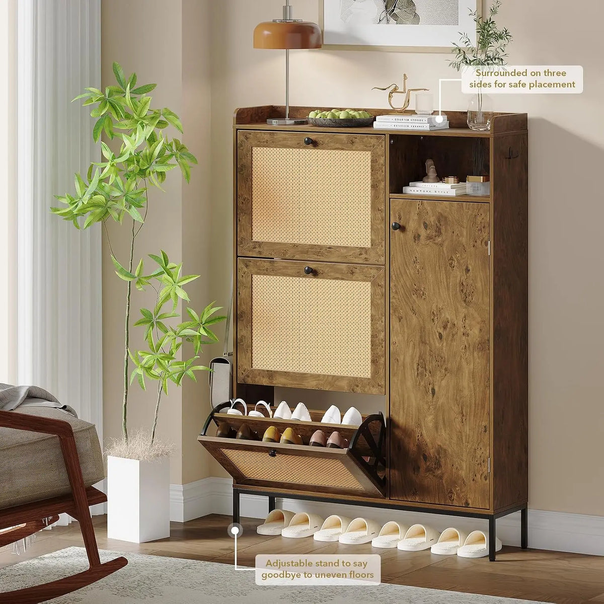 Natural Rattan Shoe Cabinet With Adjustable Shelves