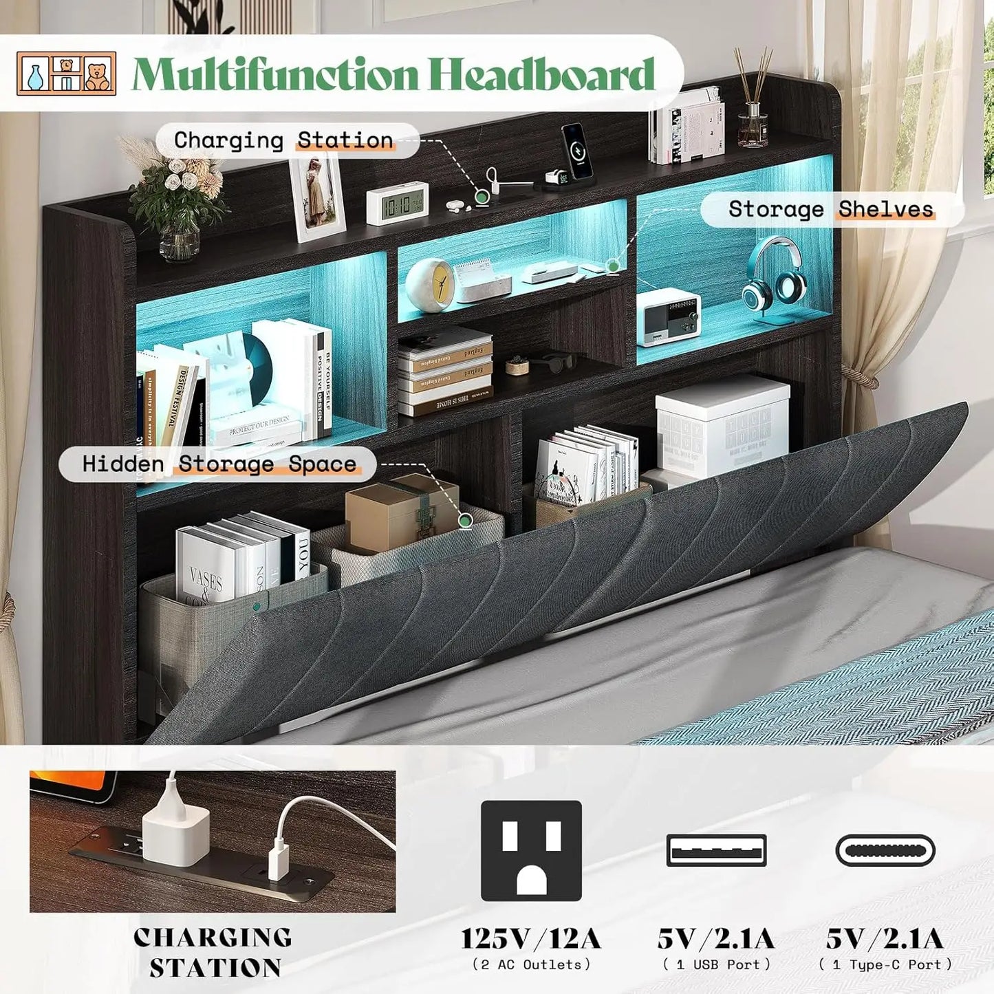 Bed Frame With Bookcase Headboard And Linen Upholstery With Storage Drawers
