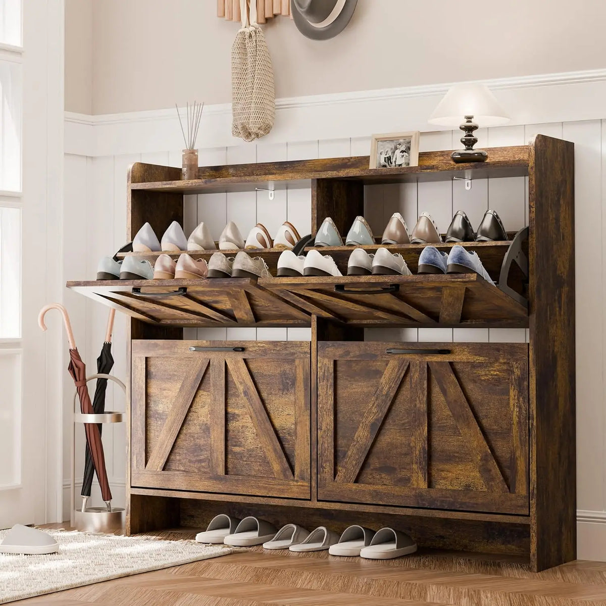 Entryway Fluted Shoe Storage Cabinet With Flip Drawers