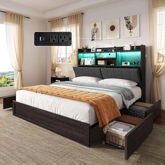 Bed Frame With Bookcase Headboard And Linen Upholstery With Storage Drawers