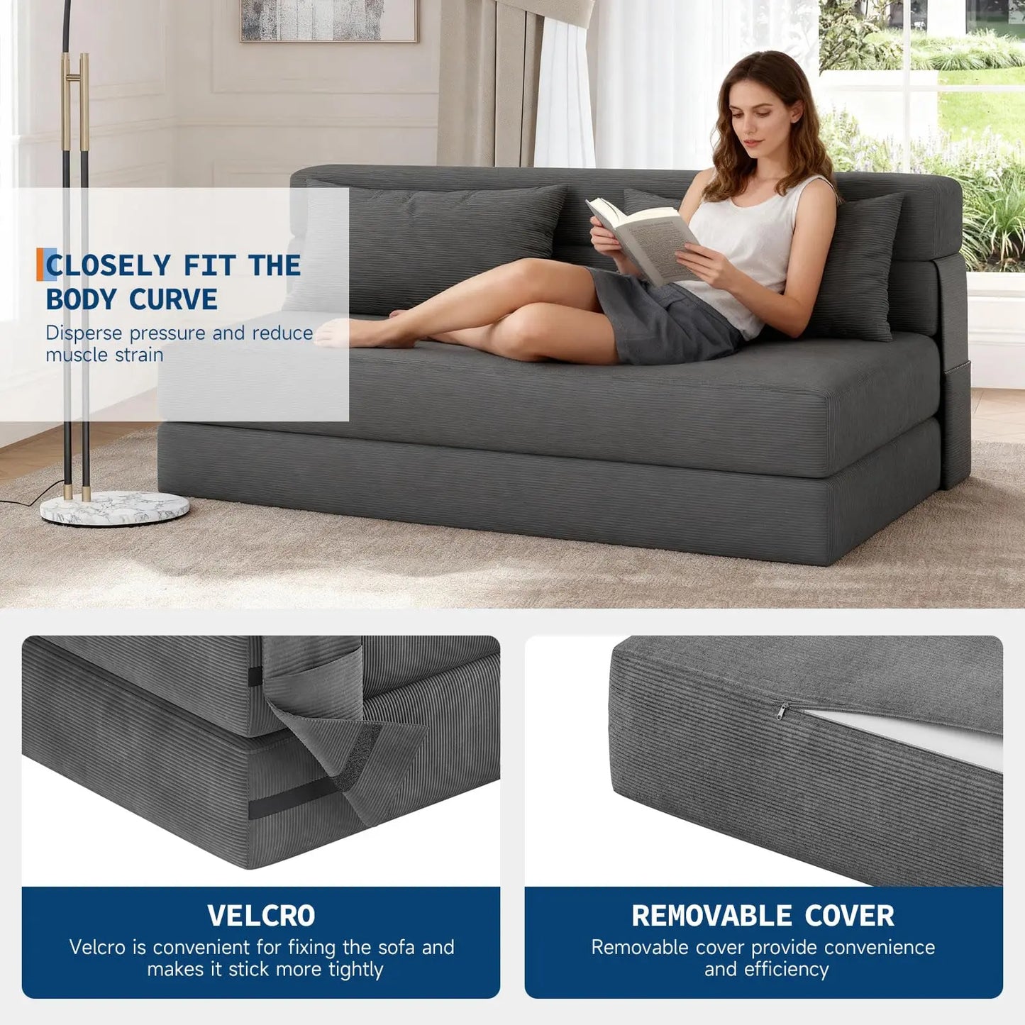 HobbyLane 4 In 1 Folding Corduroy Sofa Bed Convertible Sleeper Couch With Pillow