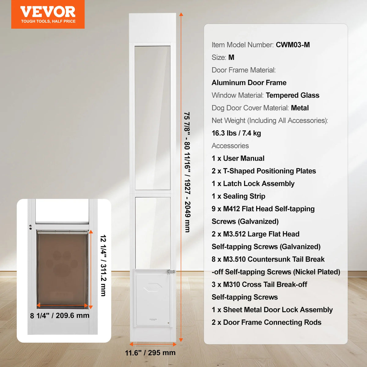 Succebuy Sliding Glass Dog Door Adjustable Aluminum Frame Tempered Glass