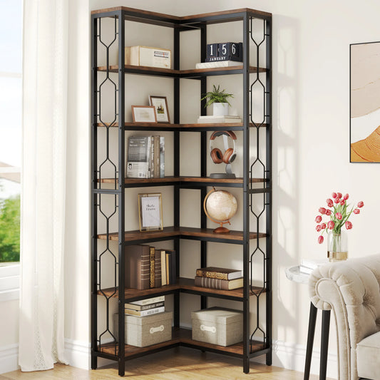 Tribesigns Industrial Freestanding Corner Bookshelf Wood Metal Rack
