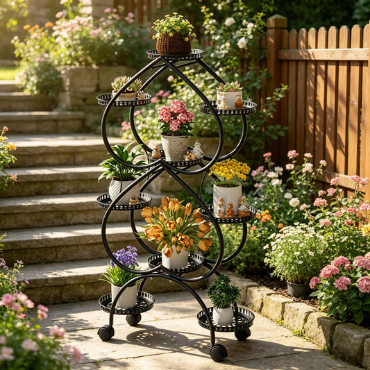 9 Tier Metal Plant Stand With Wheels For Balcony Garden
