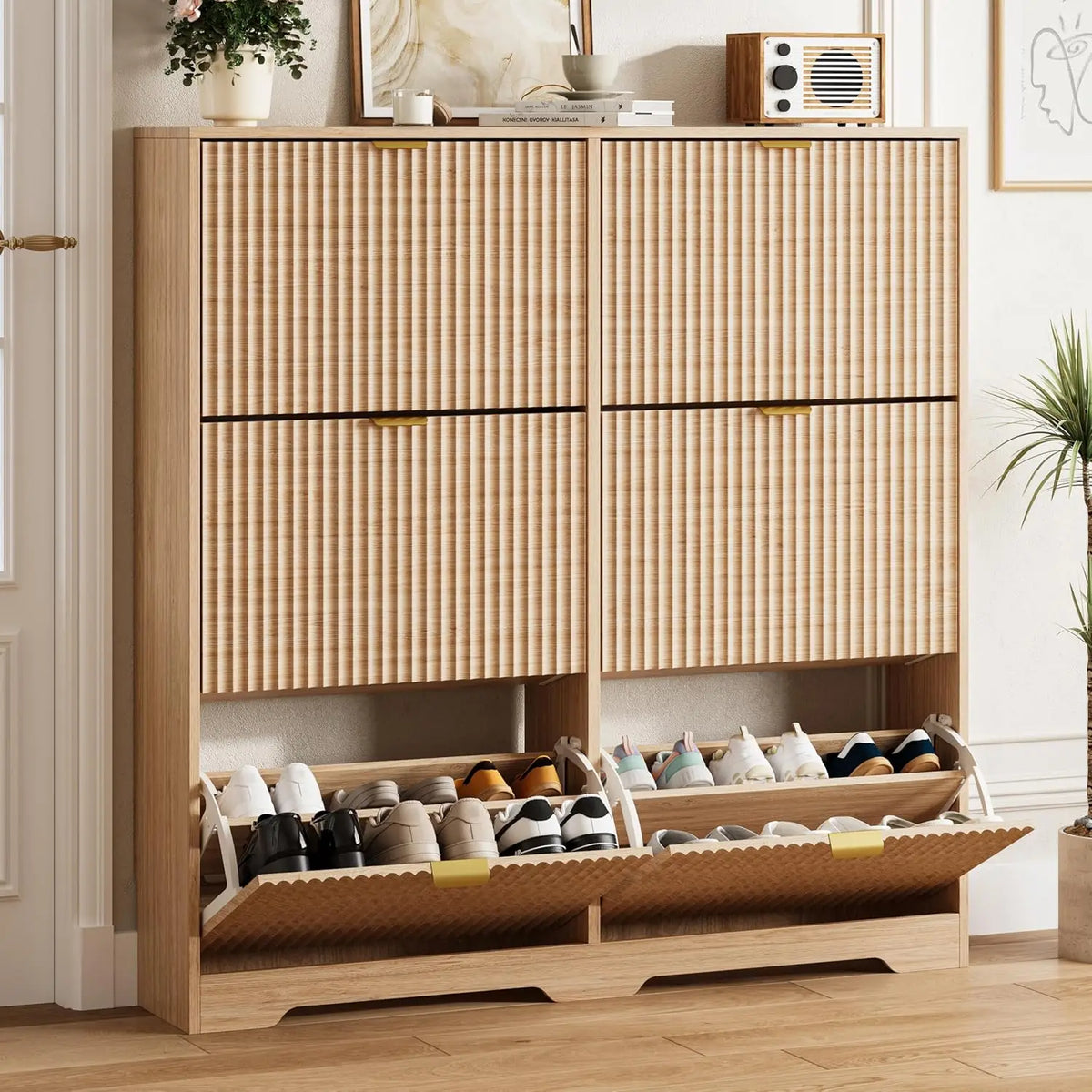 Walnut Fluted Shoe Cabinet With 6 Flip Drawers Adjustable Shelves Wooden
