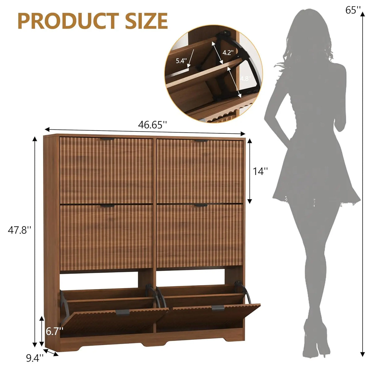 Walnut Fluted Shoe Cabinet With 6 Flip Drawers Adjustable Shelves Wooden