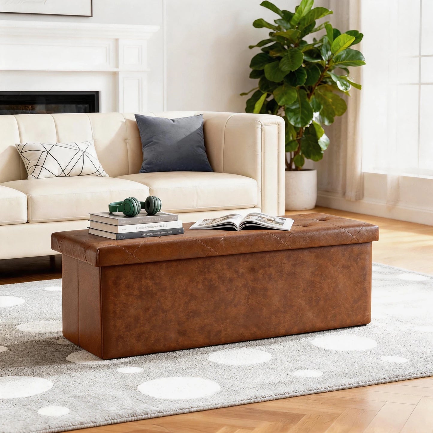 Tufted Faux Leather Storage Bench Ottoman With Folding Footrest