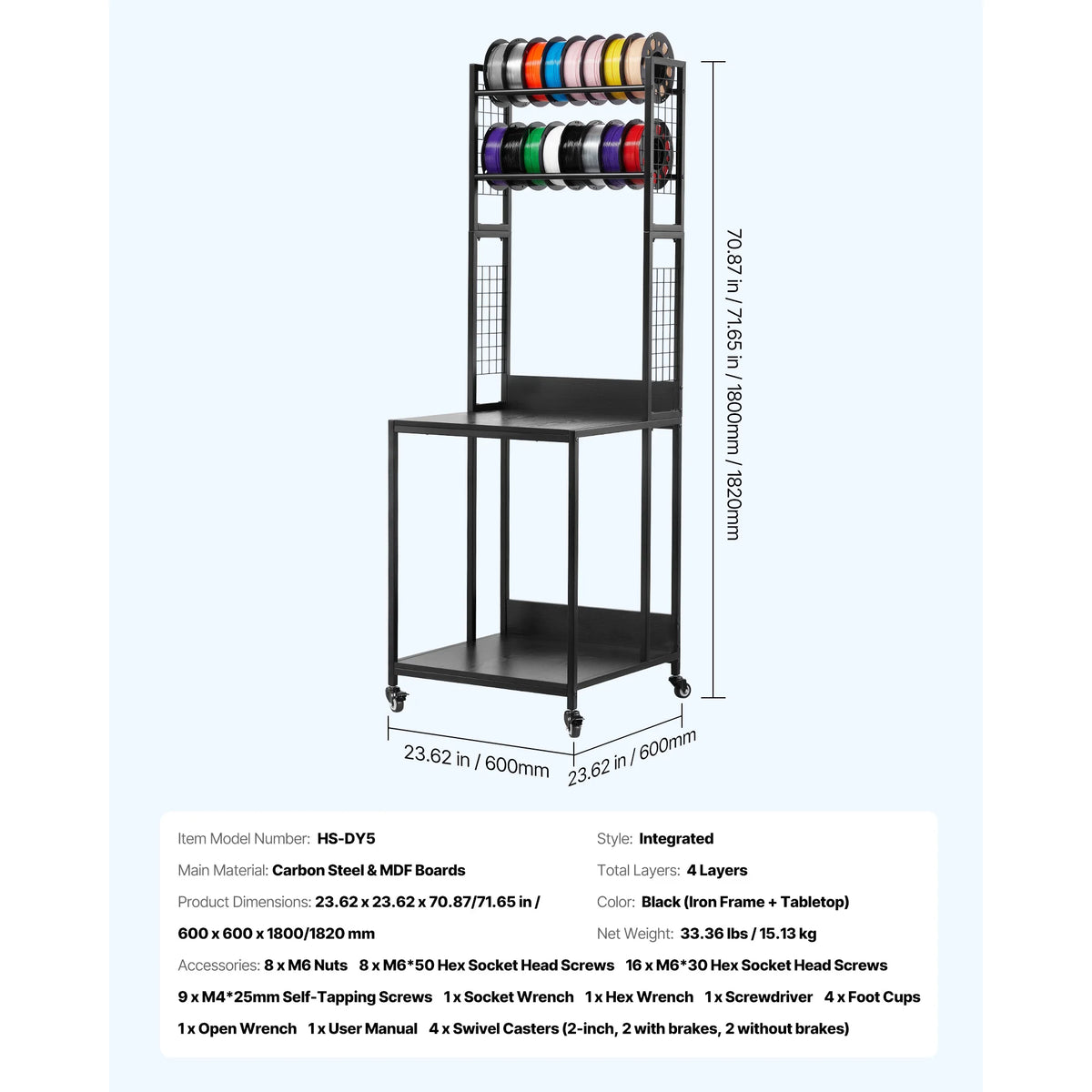 SucceBuy 4 Tier 3D Printer Filament Storage Rack Wheels Cart