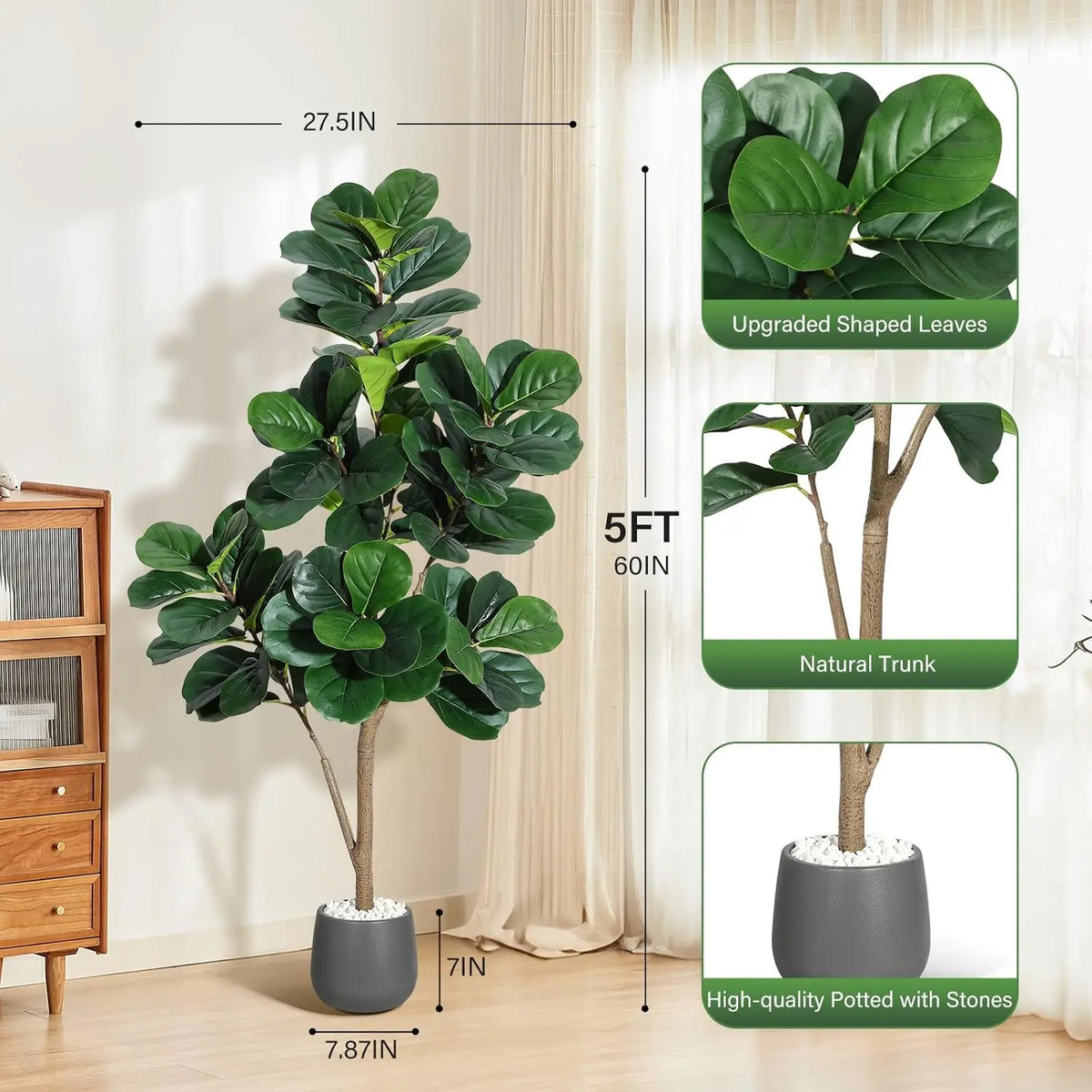 HiMISS Realistic Artificial Fiddle Leaf Fig Tree With Planter Pot