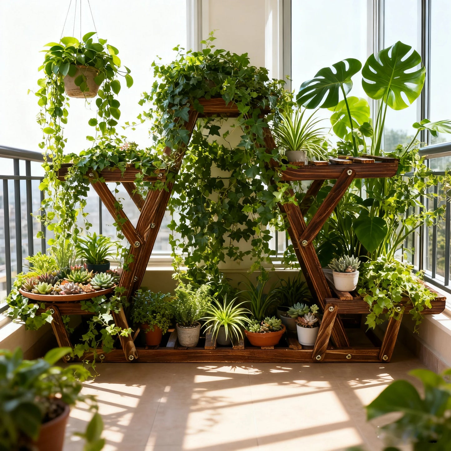 Carbonized Triangle Six Tier Corner Wood Plant Stand Indoor Outdoor