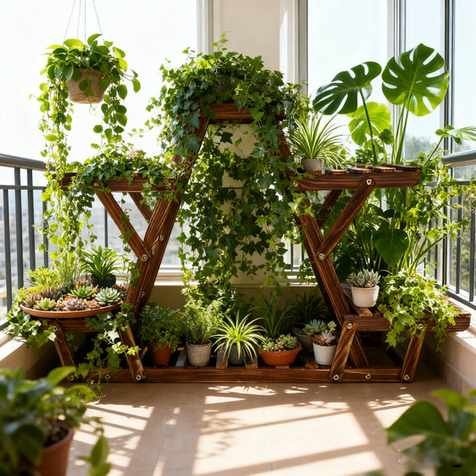 Carbonized Triangle Six Tier Corner Wood Plant Stand Indoor Outdoor