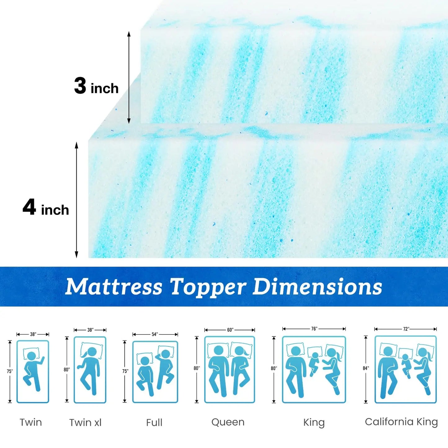 JHK Gel Memory Foam Mattress Topper Cooling Breathable Bed