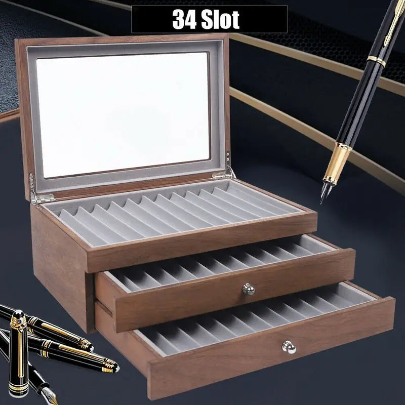 Wooden Pen Storage Case With Drawer For Stationery Display