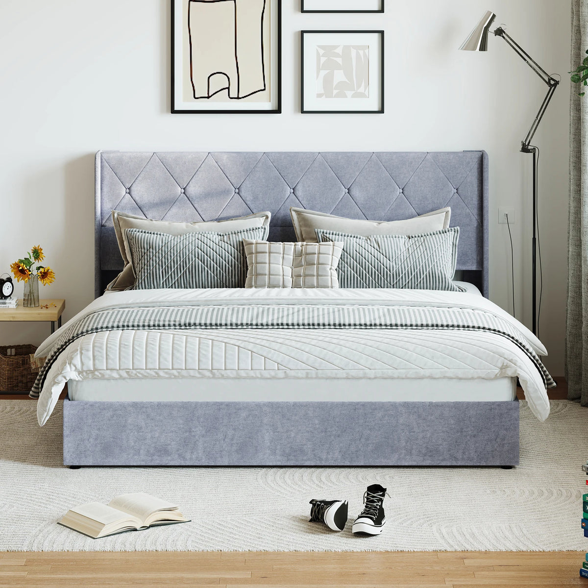 JHK Modern Hydraulic Lift Up Upholstered Storage Bed