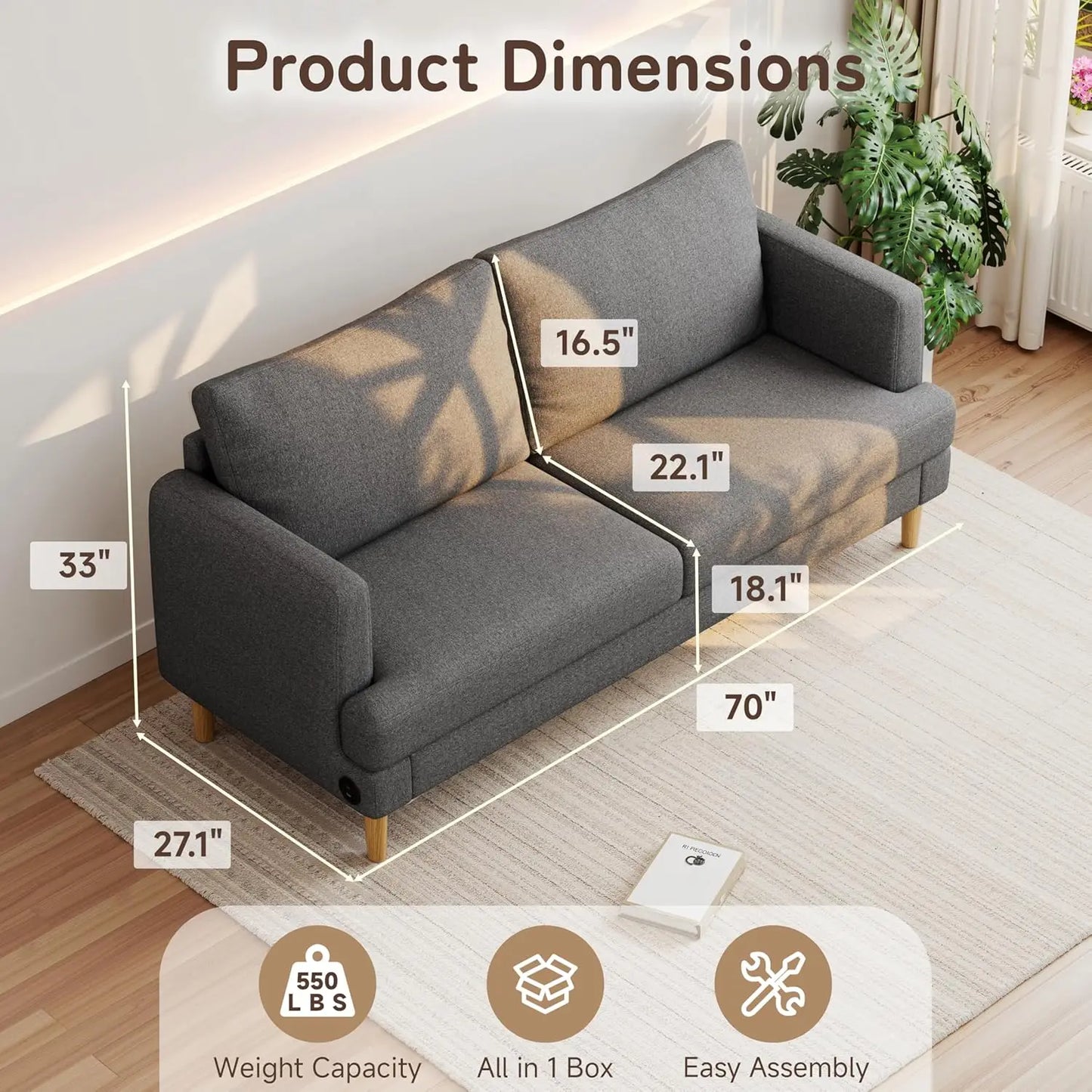 Linen Fabric Loveseat With USB-C Ports For Living Room
