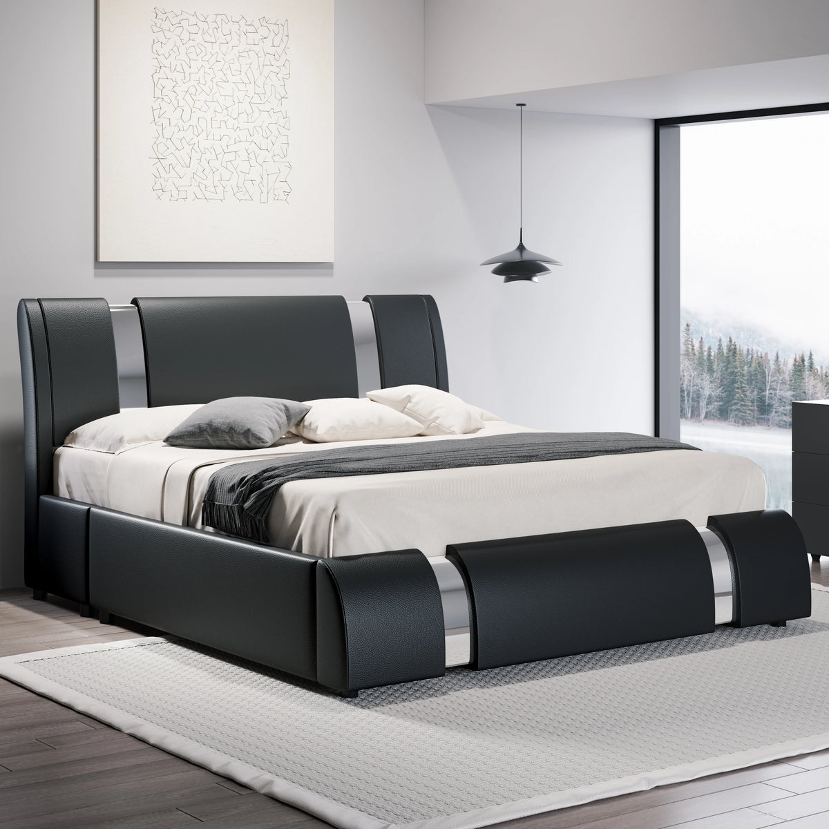 Hoomic Modern Faux Leather Platform Bed Frame With Iron Decor
