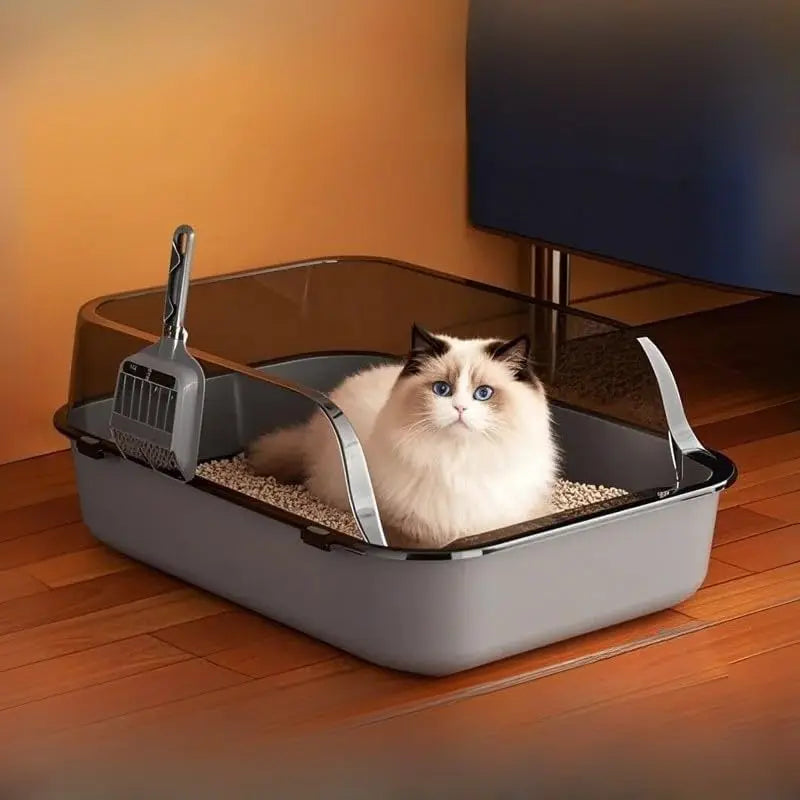 Semi-Enclosed Cat Litter Box With High Sides For Indoor Use