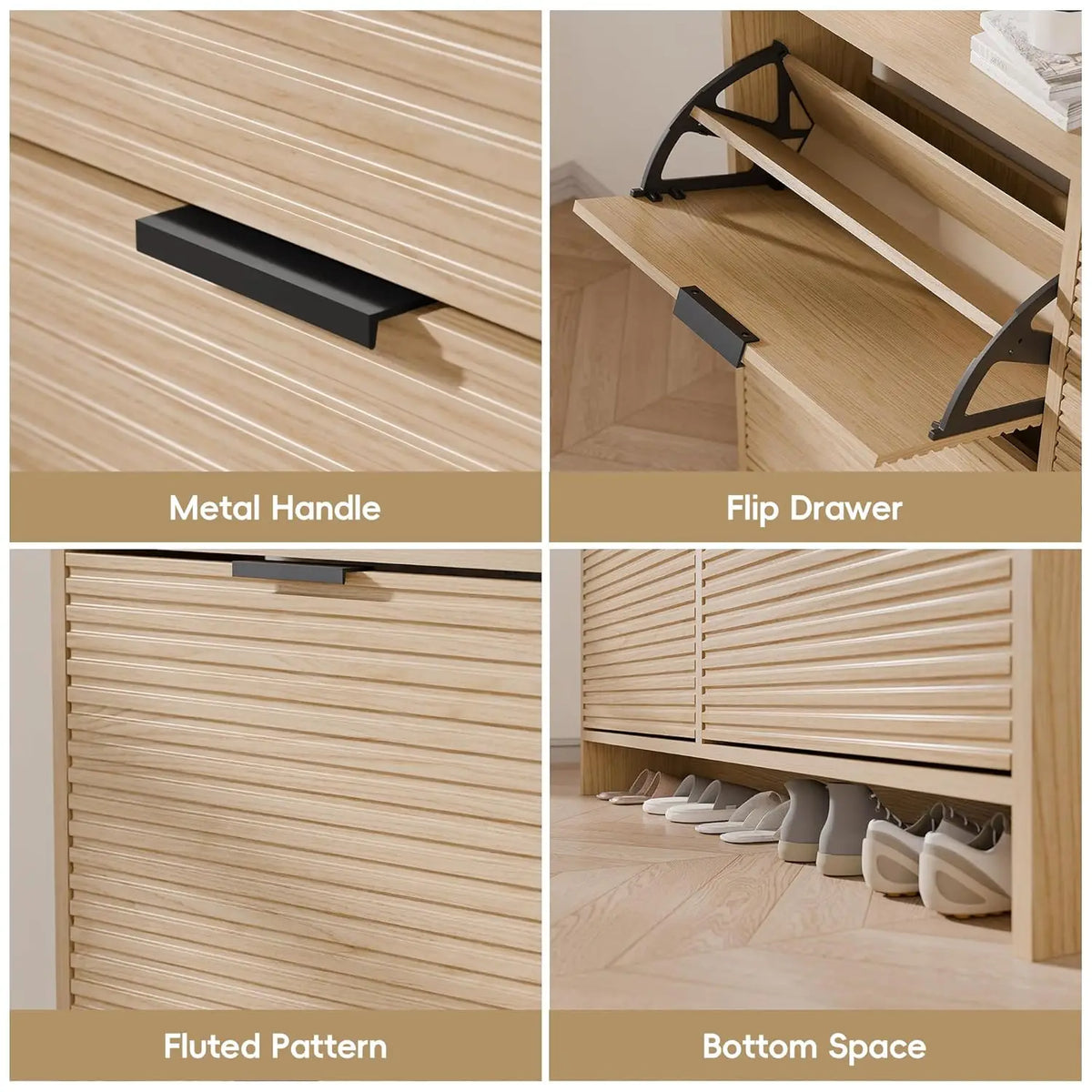 Entryway Fluted Shoe Storage Cabinet With Flip Drawers