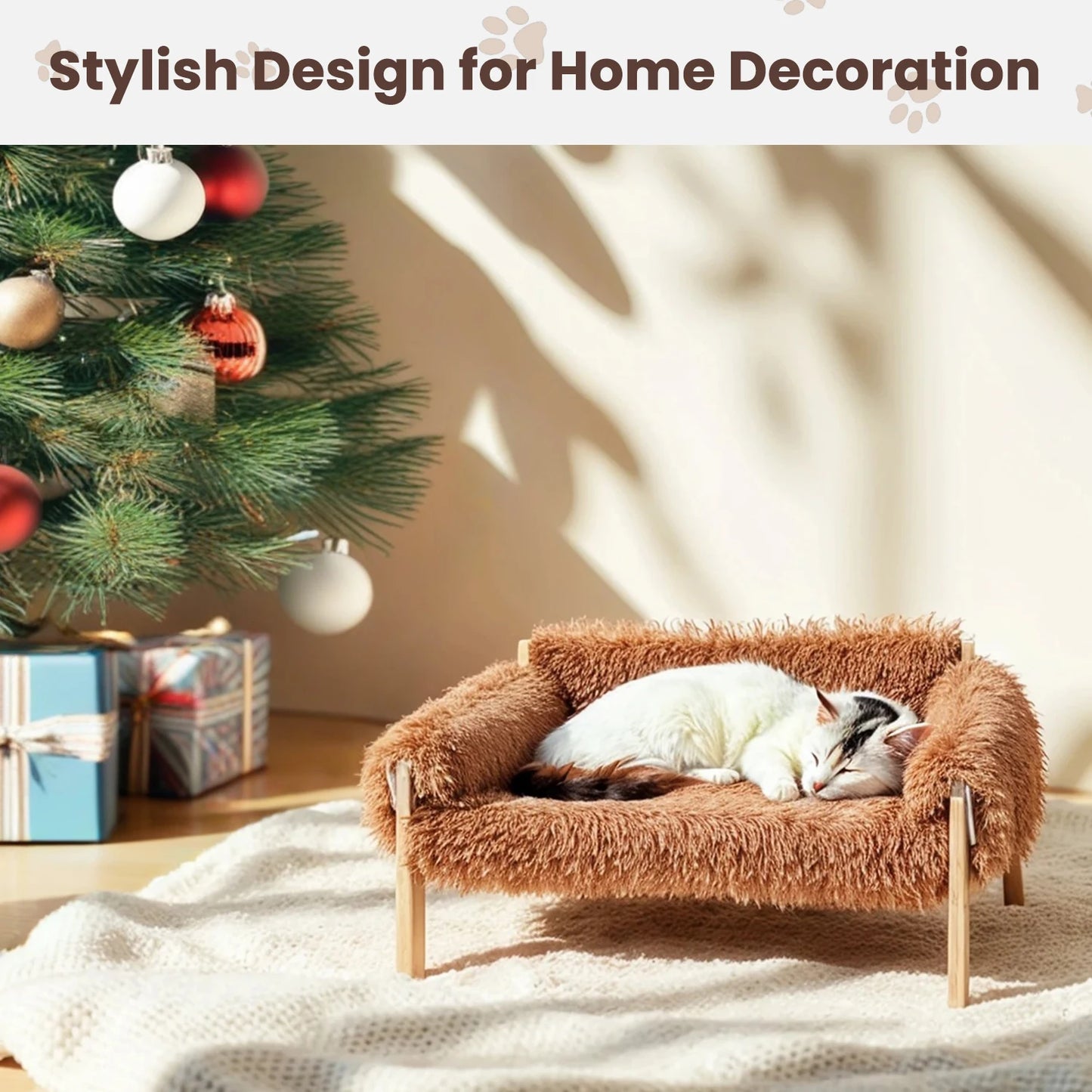 Raised Wooden Leg Cat Bed Plush Sofa For Indoor Cats