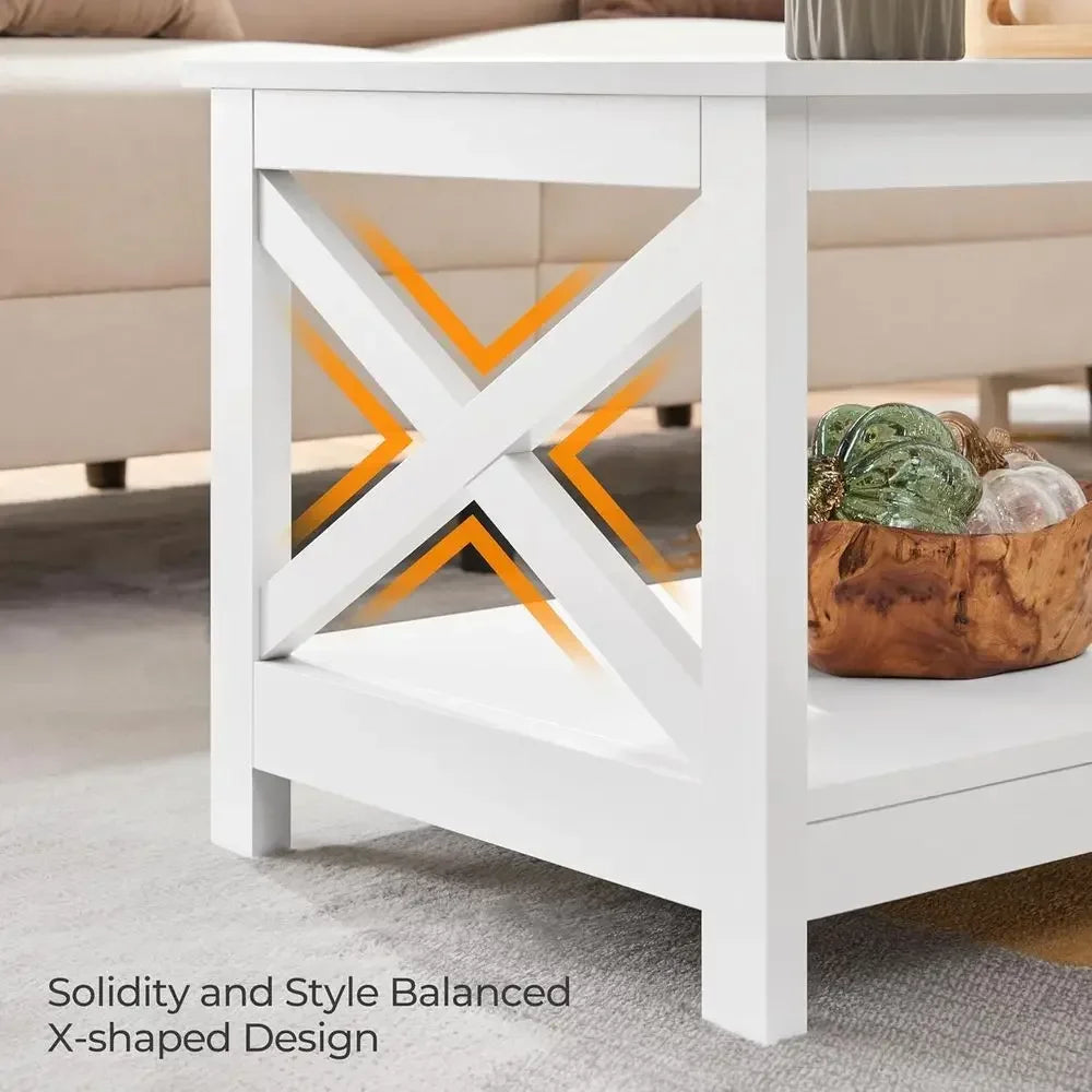 Wood 2-Tier Coffee Table With Storage Shelves Modern X Design