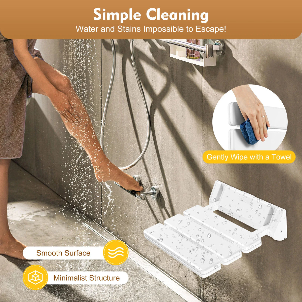 Wall Mounted Folding Shower Seat Waterproof Bathroom Bench
