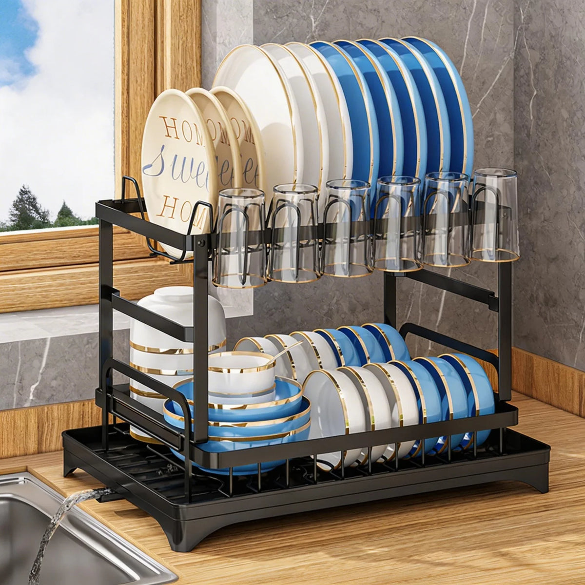HiMISS Kitchen Countertop Dish Drying Rack With Drainage Tray