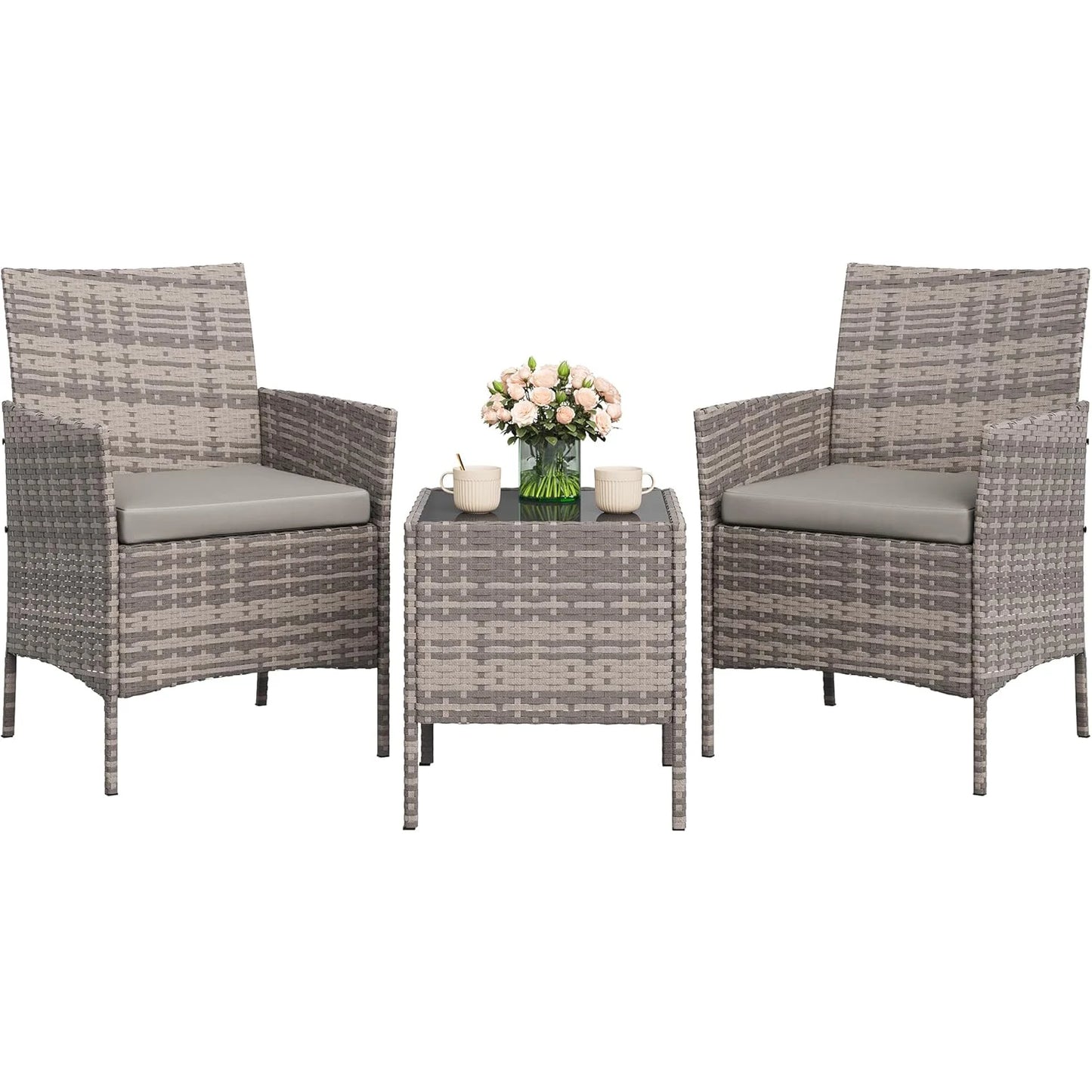 HiMISS Patio Furniture Set Rattan Wicker Chairs With Cushions And Glass Table