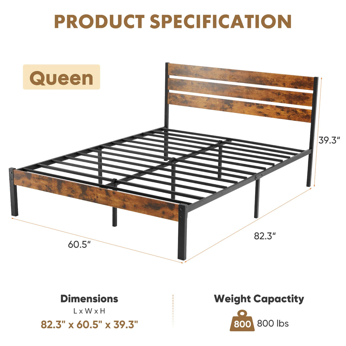 MCQ Heavy Duty Metal Platform Bed Frame With Wooden Headboard