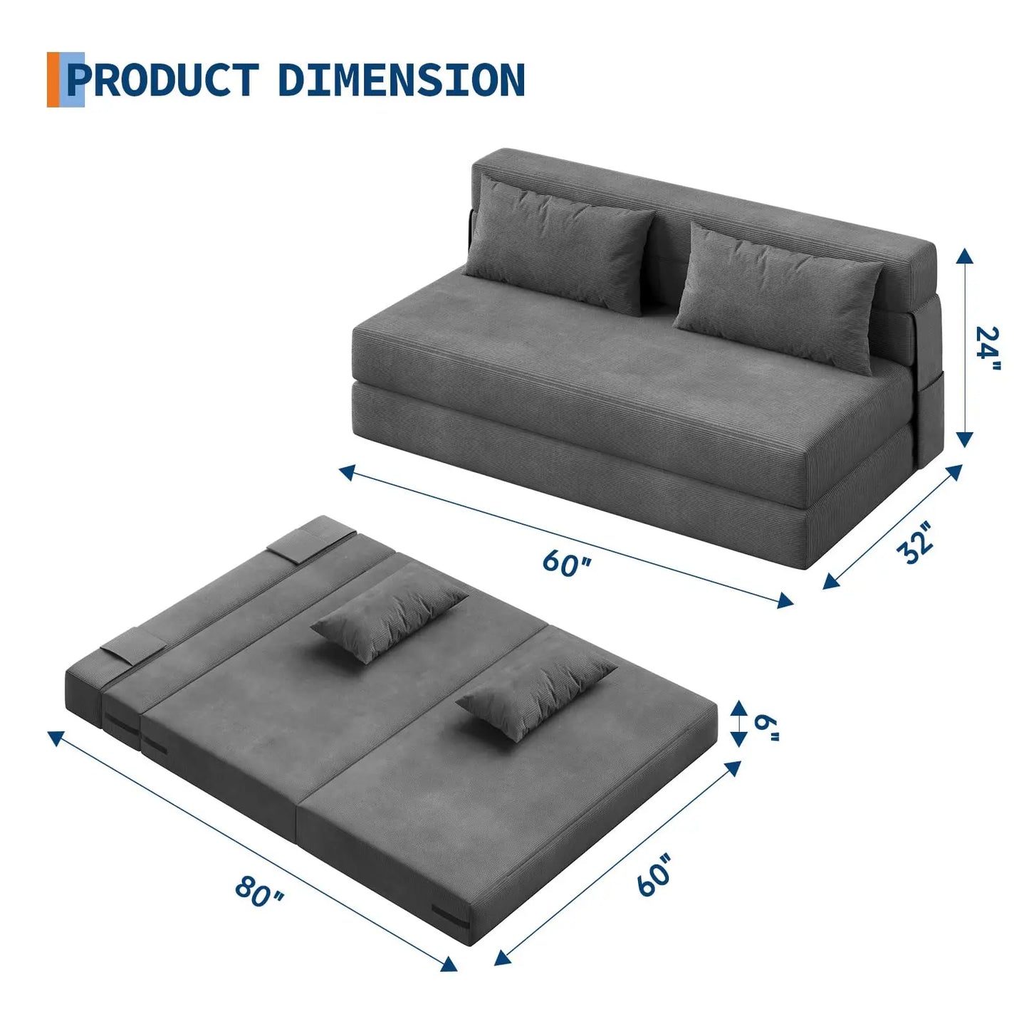 HobbyLane 4 In 1 Folding Corduroy Sofa Bed Convertible Sleeper Couch With Pillow