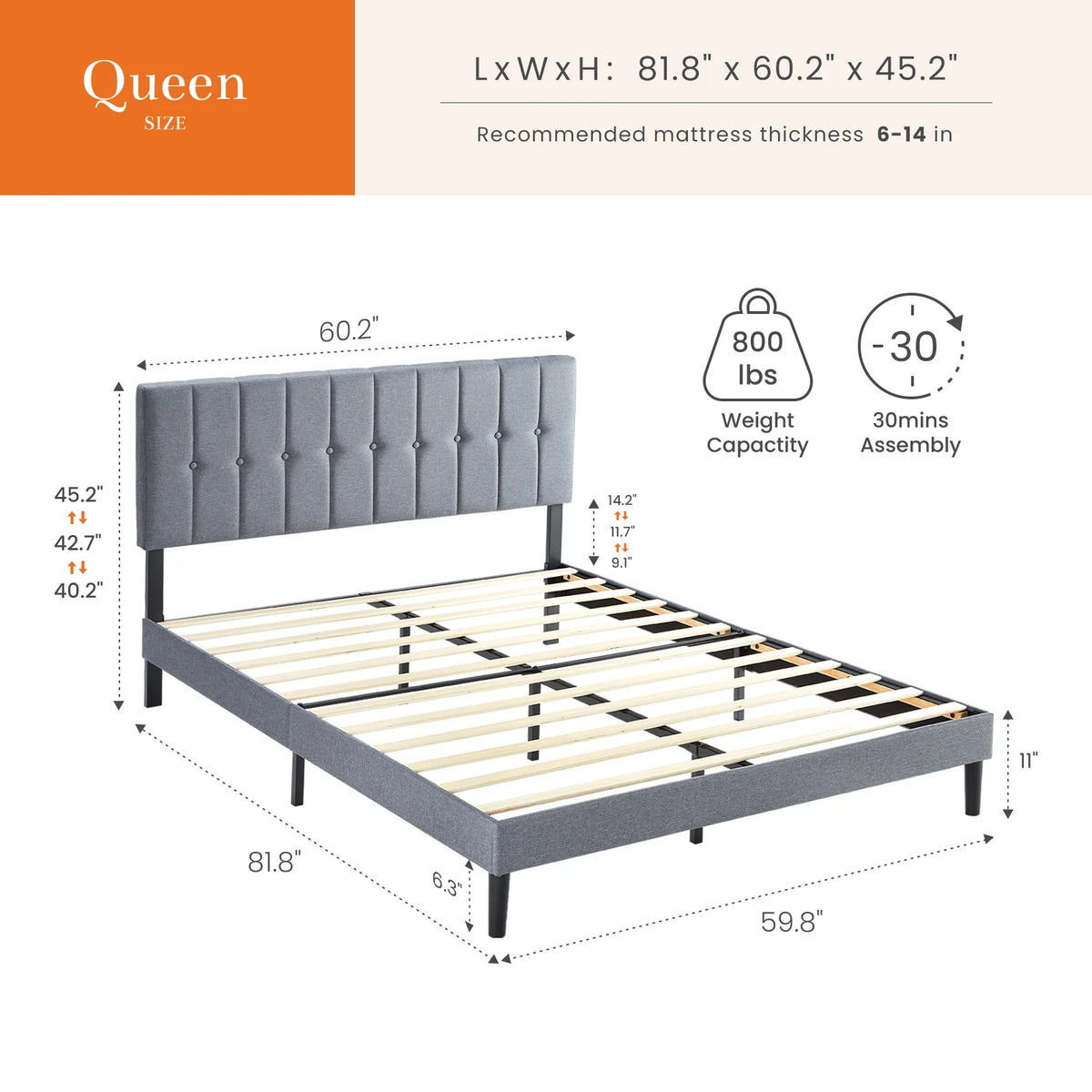 M C Q Upholstered Platform Bed With Adjustable Headboard